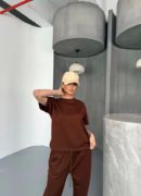 Osy Modal Yumuşak Dokulu Kumaş Kısa Kollu Bluz Rahat Pantalon Ikili Takım- Kahverengi resmi